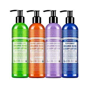 dr. bronner’s – organic lotion (8 oz variety pack) peppermint, lavender coconut, orange lavender, & patchouli lime – body lotion & moisturizer, certified organic, soothing for hands, face & body, nourishes & hydrates, vegan | 4 count