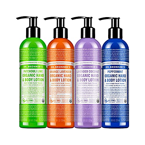 Dr. Bronner's - Organic Lotion (8 oz Variety Pack) Peppermint, Lavender Coconut, Orange Lavender, & Patchouli Lime - Body Lotion & Moisturizer, Certified Organic, Soothing for Hands, Face & Body, Nourishes & Hydrates, Vegan | 4 Count