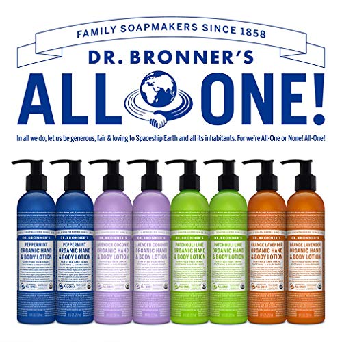 Dr. Bronner's - Organic Lotion (8 oz Variety Pack) Peppermint, Lavender Coconut, Orange Lavender, & Patchouli Lime - Body Lotion & Moisturizer, Certified Organic, Soothing for Hands, Face & Body, Nourishes & Hydrates, Vegan | 4 Count