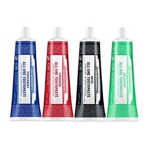 dr. bronner’s – all-one toothpaste variety pack – peppermint, cinnamon, anise, & spearmint, 70% organic ingredients, natural & effective, fluoride-free, helps freshen breath, vegan (5oz, 4-pack)