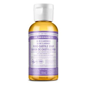 dr. bronner’s – pure-castile liquid soap (lavender, 2 ounce) – made with organic oils, 18-in-1 uses: face, body, hair, laundry, pets and dishes, concentrated, vegan, non-gmo