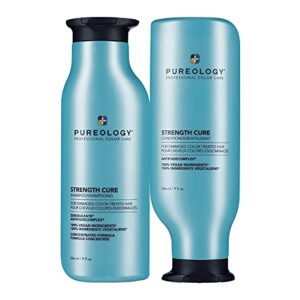 pureology strength cure strengthening shampoo & conditioner bundle | for damaged, color treated hair | sulfate-free | vegan | updated packaging | 9 fl. oz.