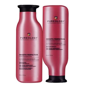 pureology smooth perfection shampoo & conditioner bundle | for frizz-prone color treated hair | sulfate-free | vegan | updated packaging | 9 fl. oz.