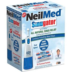 neilmed sinugator cordless pulsating nasal wash kit with one irrigator, 30 premixed packets and 3 aa batteries(pack of 1)