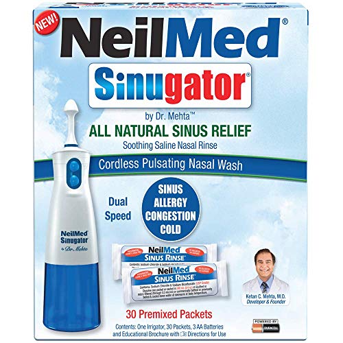 NeilMed Sinugator Cordless Pulsating Nasal Wash Kit with One Irrigator, 30 Premixed Packets and 3 AA Batteries(Pack of 1)