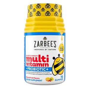 zarbee’s kid’s complete multivitamin + probiotic gummies with vitamins a; b; c; d; e & zinc for digestive health; easy to chew; kids daily multivitamin gummies; natural fruit; 70 count