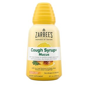 zarbee’s adult daytime cough syrup + mucus with honey, ivy leaf, vitamin c, d & zinc, thyme, drug & alcohol-free, gluten-free, ages 12+, natural honey lemon flavor, 8 fl.oz