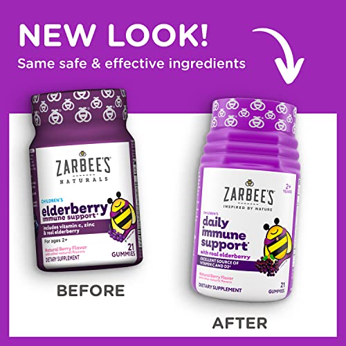 Zarbee's Elderberry Gummies for Kids with Vitamin C, Zinc & Elderberry, Daily Childrens Immune Support Vitamins Gummy for Ages 2 and Up, Natural Berry Flavor, 21 Count