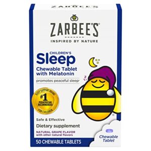 zarbee’s kids 1mg melatonin chewable tablet, drug-free & effective sleep supplement, easy to take natural grape flavor tablets for children ages 3 and up, 50 count