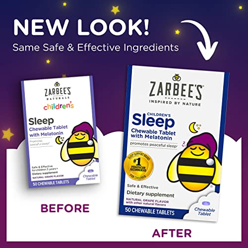 Zarbee's Kids 1mg Melatonin Chewable Tablet, Drug-Free & Effective Sleep Supplement, Easy to Take Natural Grape Flavor Tablets for Children Ages 3 and Up, 50 Count