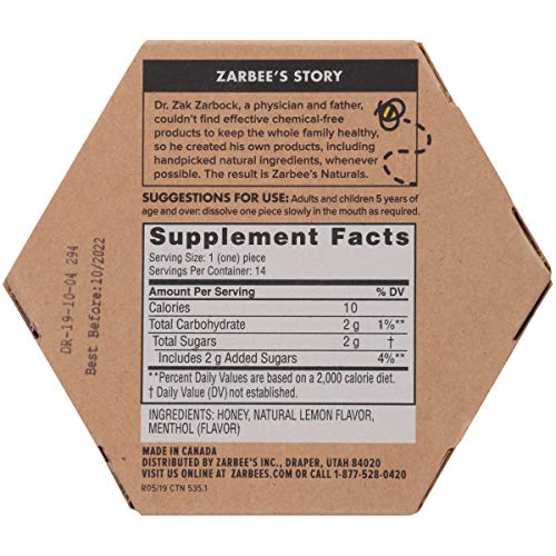 Zarbee's Naturals 99% Honey Cough Soothers, Lemon Flavor, 14 Count