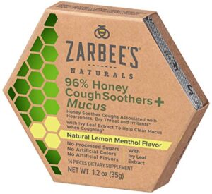zarbee’s naturals 96% honey cough soothers + mucus with ivy leaf extract, lemon menthol flavor,16.8 oz,14 count