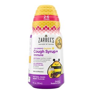 zarbee’s kids cough + immune daytime for children 2-6 with dark honey, vitamin d & zinc, 1 pediatrician recommended, drug & alcohol-free, mixed berry flavor, 4fl oz