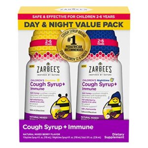 zarbee’s kids cough + immune day/night value pack for children 2-6 with dark honey, vitamin d & zinc, 1 pediatrician recommended, drug & alcohol-free, mixed berry flavor, 2x4fl oz