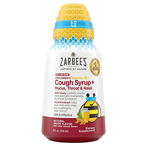 Zarbee's Kids All-in-One Daytime Cough for Children 6-12 with Dark Honey, Turmeric, B-Vitamins & Zinc, #1 Pediatrician Recommended, Drug & Alcohol-Free, Grape Flavor, 8FL Oz