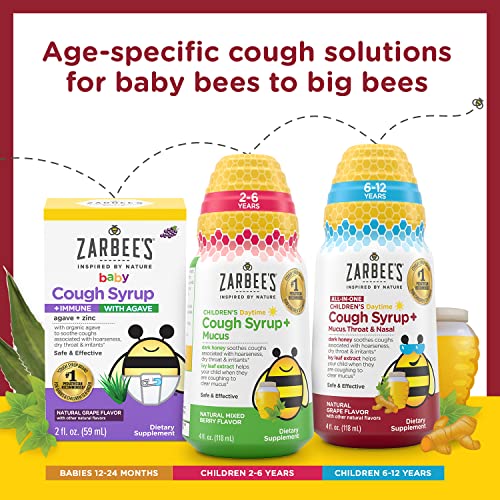 Zarbee's Kids All-in-One Daytime Cough for Children 6-12 with Dark Honey, Turmeric, B-Vitamins & Zinc, #1 Pediatrician Recommended, Drug & Alcohol-Free, Grape Flavor, 8FL Oz