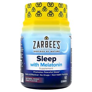 zarbee’s melatonin gummies 3mg sleep supplement to promote peaceful sleep, natural mixed fruit flavor, adults gummy age 12 up, 60 count