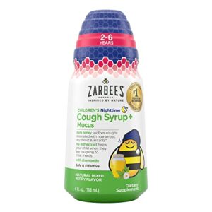 zarbee’s kids cough + mucus nighttime for children 2-6 with dark honey, ivy leaf, zinc & elderberry, 1 pediatrician recommended, drug & alcohol-free, mixed berry flavor, 4fl oz
