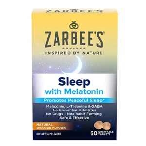 zarbee’s melatonin 5mg, l-theanine + gaba sleep supplement to promote peaceful sleep, natural orange flavor, chewable tablets for adults age 12 up, 60 count
