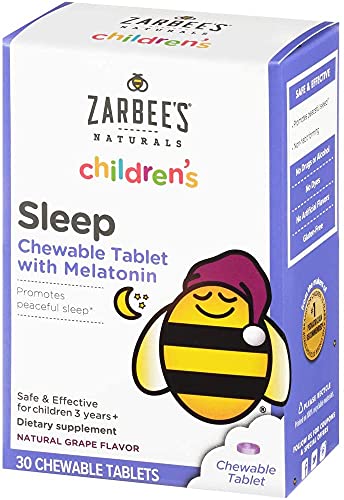 Zarbee's Kids 1mg Melatonin Chewable Tablet, Drug-Free & Effective Sleep Supplement, Easy to Take Natural Grape Flavor Tablets for Children Ages 3 and Up, 30 Count