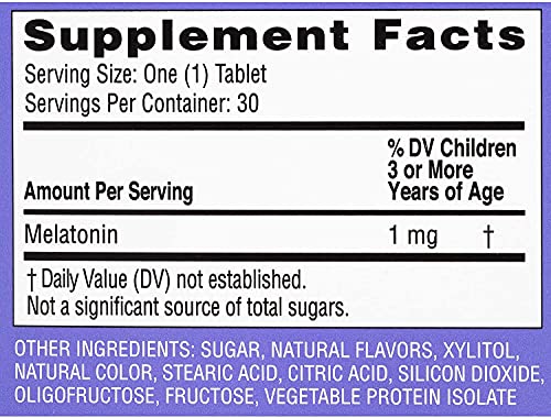 Zarbee's Kids 1mg Melatonin Chewable Tablet, Drug-Free & Effective Sleep Supplement, Easy to Take Natural Grape Flavor Tablets for Children Ages 3 and Up, 30 Count