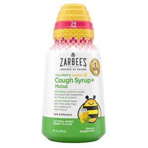 zarbee’s kids cough + mucus daytime for children 2-6 with dark honey, ivy leaf, zinc & elderberry, 1 pediatrician recommended, drug & alcohol-free, mixed berry flavor, 8fl oz