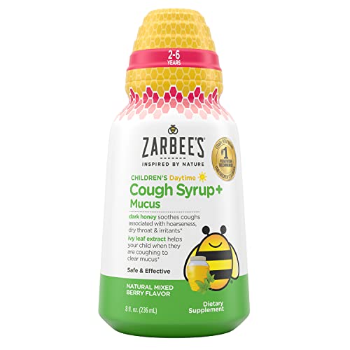 Zarbee's Kids Cough + Mucus Daytime for Children 2-6 with Dark Honey, Ivy Leaf, Zinc & Elderberry, 1 Pediatrician Recommended, Drug & Alcohol-Free, Mixed Berry Flavor, 8FL Oz