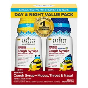 zarbee’s kids all-in-one day/night cough value pack for children 6-12 with dark honey, turmeric, b-vitamins & zinc, 1 pediatrician recommended, drug & alcohol-free, grape flavor, 2x4fl oz