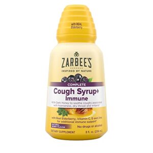 zarbee’s adult daytime cough syrup + immune with honey, real elderberry, vitamin c, d & zinc for immune support, drug & alcohol-free, gluten-free, ages 12+, natural berry flavor, 8 fl. oz,liquid