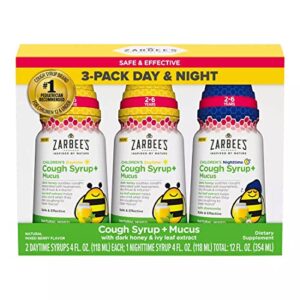 zarbee’s kids cough + mucus syrup day/night value pack for children 2-6, mixed berry flavor, 3x4fl oz