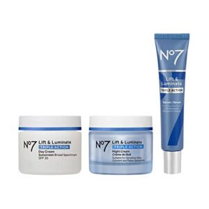 No7 Lift & Luminate Triple Action Skincare System - Broad Spectrum Anti Aging Day Cream SPF 30 + Vitamin C Anti Wrinkle Face Serum + Collagen Peptide Brightening Night Cream (3 Piece Kit)