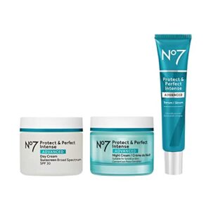 no7 protect & perfect intense advanced anti aging skincare system – day cream with spf 30 – hydrating shea butter night cream – rice protein & hyaluronic acid face serum – anti aging (3 piece kit)