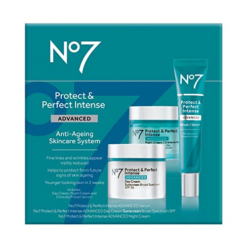 No7 Protect & Perfect Intense Advanced Anti Aging Skincare System - Day Cream with SPF 30 - Hydrating Shea Butter Night Cream - Rice Protein & Hyaluronic Acid Face Serum - Anti Aging (3 Piece Kit)