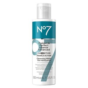 no7 protect & perfect intense advanced cleansing water – dual action facial cleanser + makeup remover – cleansing facial water + natural aha exfoliant for smoother, brighter skin hydration (6.7oz)
