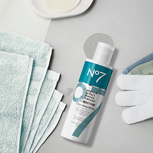No7 Protect & Perfect Intense Advanced Cleansing Water - Dual Action Facial Cleanser + Makeup Remover - Cleansing Facial Water + Natural AHA Exfoliant for Smoother, Brighter Skin Hydration (6.7oz)