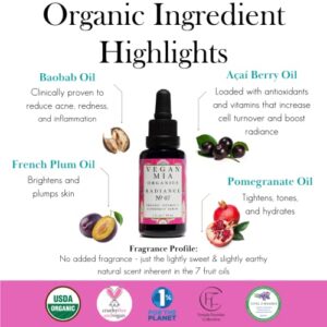 Vegan Mia - USDA Organic Radiance Superfruit Vitamin C Face Serum - Organic Facial Serum Blend of Potent Antioxidants and Nourishing Vitamins - with Baobab, Pomegranate, Maracuja, and Açaí Oils for Glowing Skin, 0.5 fl oz