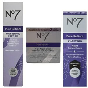 no7 pure retinol skincare bundle – contains pure retinol night concentrate (1 fl oz), pure retinol night repair cream (1.69 oz), and post retinol soother (1.69 fl oz) – no 7 pure retinol beauty set