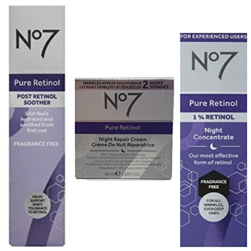 No7 Pure Retinol Skincare Bundle - Contains Pure Retinol Night Concentrate (1 fl oz), Pure Retinol Night Repair Cream (1.69 oz), and Post Retinol Soother (1.69 fl oz) - No 7 Pure Retinol Beauty Set