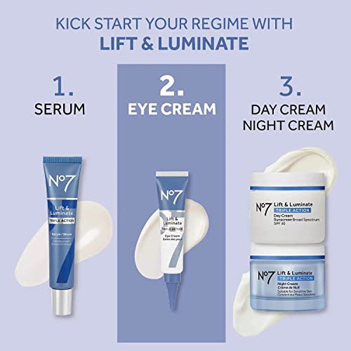 No7 Lift & Luminate Triple Action Eye Cream - Under Eye Cream for Dark Circles and Puffiness - Shea Butter & Hyaluronic Acid Hydrating Eye Cream + Antioxidant & Brightening Ginseng Extract (15ml)