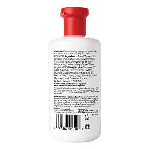 Thayers Milky Hydrating Face Toner with Snow Mushroom, Hyaluronic Acid and Elderflower, Dermatologist Recommended Gentle Alcohol Free Facial Skincare for Dry and Sensitive Skin, Paraben Free, 12 FL oz