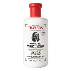 thayers milky hydrating face toner with snow mushroom, hyaluronic acid and elderflower, dermatologist recommended gentle alcohol free facial skincare for dry and sensitive skin, paraben free, 12 fl oz