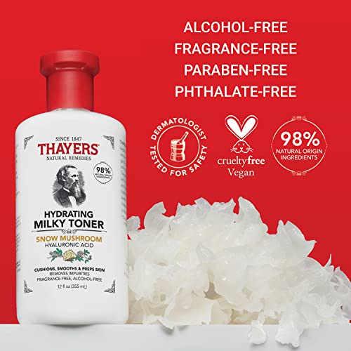 Thayers Milky Hydrating Face Toner with Snow Mushroom, Hyaluronic Acid and Elderflower, Dermatologist Recommended Gentle Alcohol Free Facial Skincare for Dry and Sensitive Skin, Paraben Free, 12 FL oz