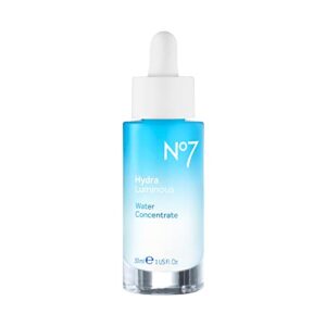 No7 HydraLuminous Water Concentrate - Hyaluronic Acid Serum with Vitamin C + Vitamin E - Pure Hyaluronic Acid Dry Skin Hydrating Serum - Facial Skin Care Products for All Skin Types (30ml)