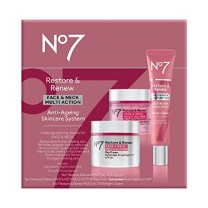 No7 Restore & Renew Face & Neck Multi Action Skincare System - SPF 30 Day Cream with Vitamin C & Collagen Peptides + Anti Aging Facial Serum + Hyaluronic Acid Hydrating Night Cream (3 Piece Kit)