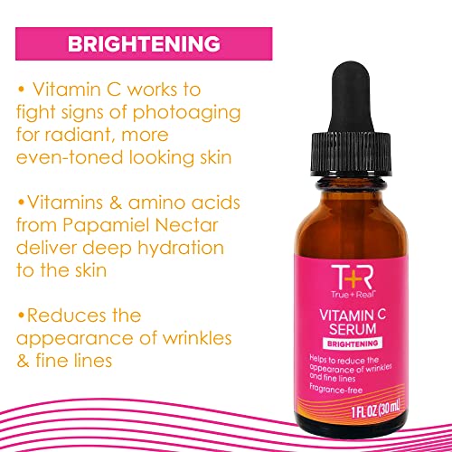 True+Real Vitamin C Serum for Face, Neck, Eyes – Premium Anti-Aging Serum, Reduce Wrinkles, Fine Lines, Dark Spots, Hydrating and Brightening, 10% PHAs - 1 Fl oz