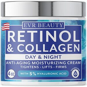 EVR Beauty Powerful Retinol and Collagen Anti Aging Face Cream for Mature Skin - Natural Deep Wrinkle Cream with Hyaluronic Acid for Women and Men of all Skin Types - Use Day and Night - 4 ounce