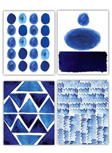 abstract blue no.7 bold geometric shapes wall art prints. set of 4 8×10 unframed modern watercolor decor. shades of navy, royal, indigo blue & white.