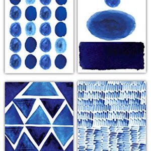 Abstract Blue No.7 Bold Geometric Shapes Wall Art Prints. Set of 4 8x10 UNFRAMED Modern Watercolor Decor. Shades of Navy, Royal, Indigo Blue & White.