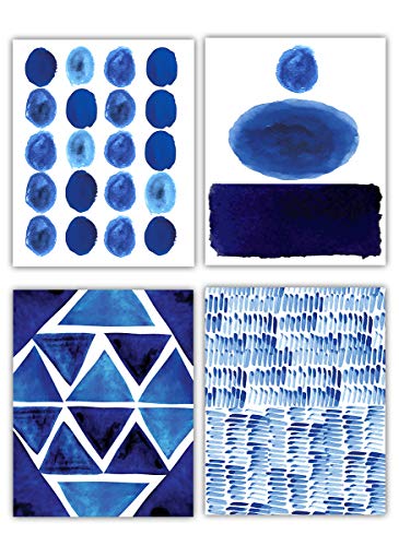 Abstract Blue No.7 Bold Geometric Shapes Wall Art Prints. Set of 4 8x10 UNFRAMED Modern Watercolor Decor. Shades of Navy, Royal, Indigo Blue & White.