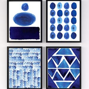 Abstract Blue No.7 Bold Geometric Shapes Wall Art Prints. Set of 4 8x10 UNFRAMED Modern Watercolor Decor. Shades of Navy, Royal, Indigo Blue & White.